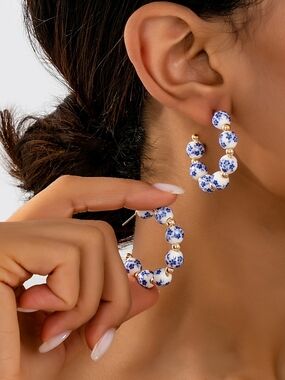 Blue & White Porcelain Bead Hoop Earrings